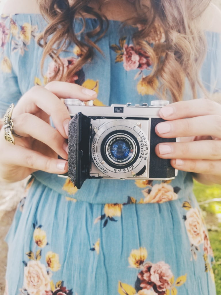 vintage camera, romper, target, brunette